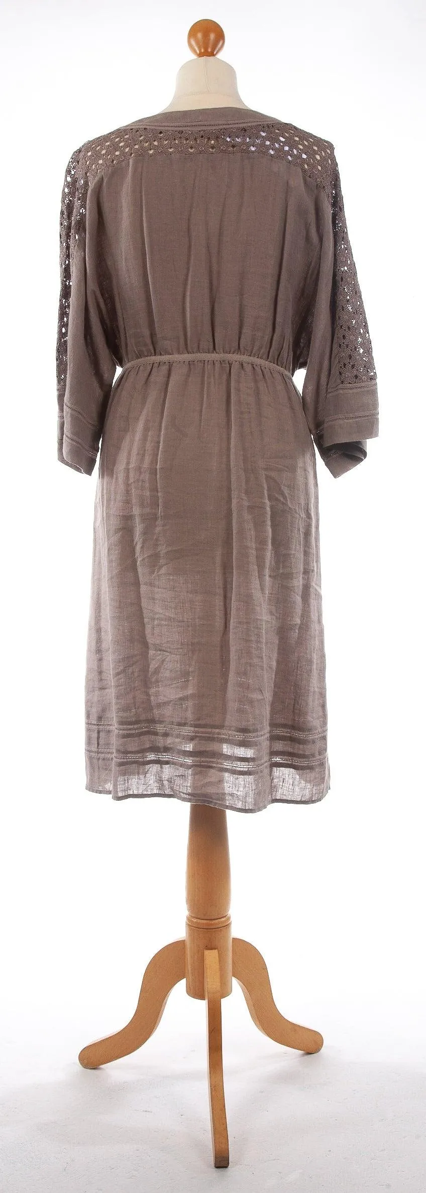 Jigsaw 100% Linen Dress with Lace Panels Stone Brown Colour Size M (UK 12)
