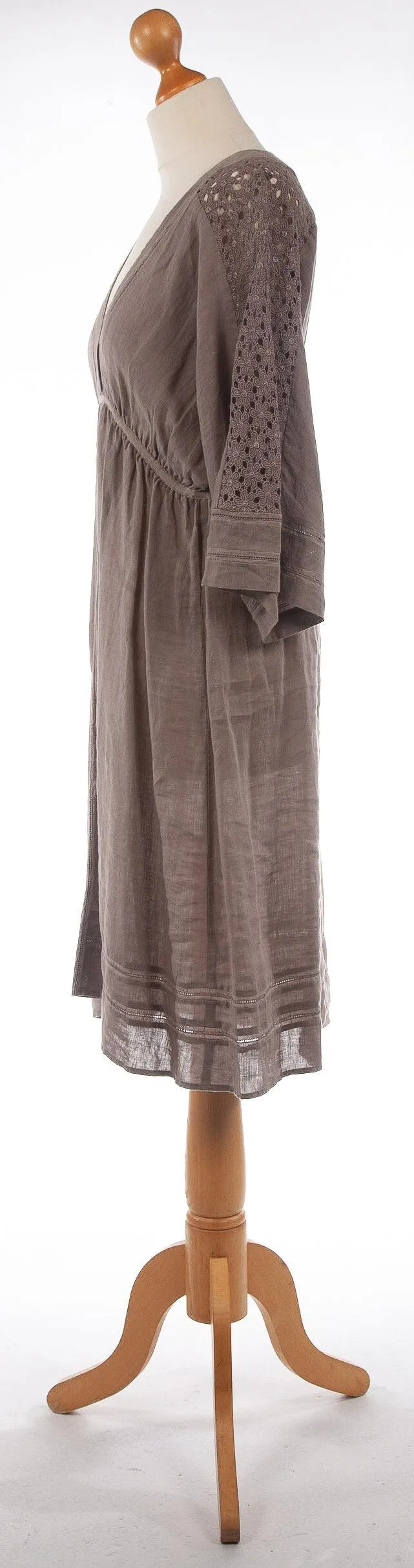 Jigsaw 100% Linen Dress with Lace Panels Stone Brown Colour Size M (UK 12)