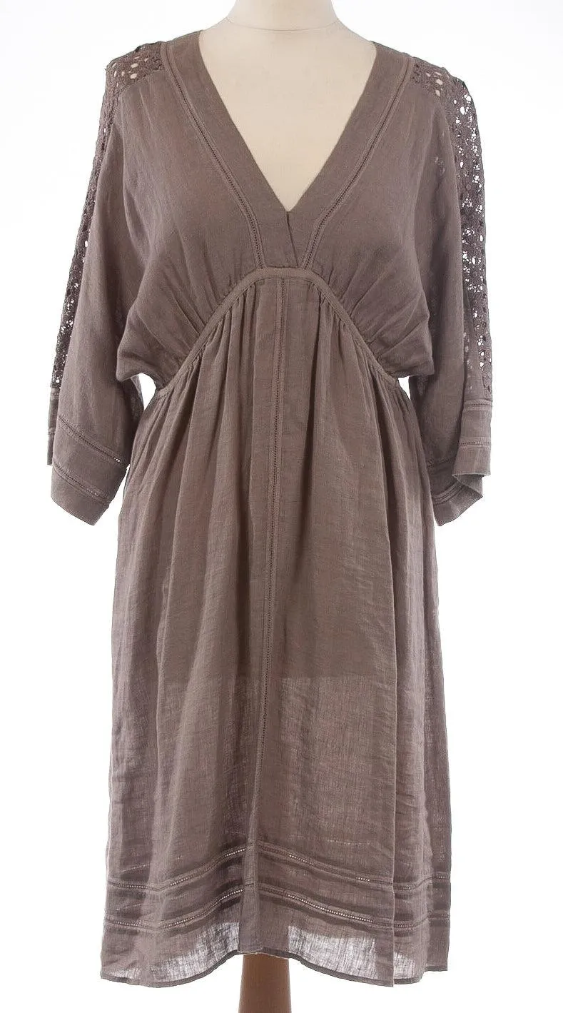 Jigsaw 100% Linen Dress with Lace Panels Stone Brown Colour Size M (UK 12)
