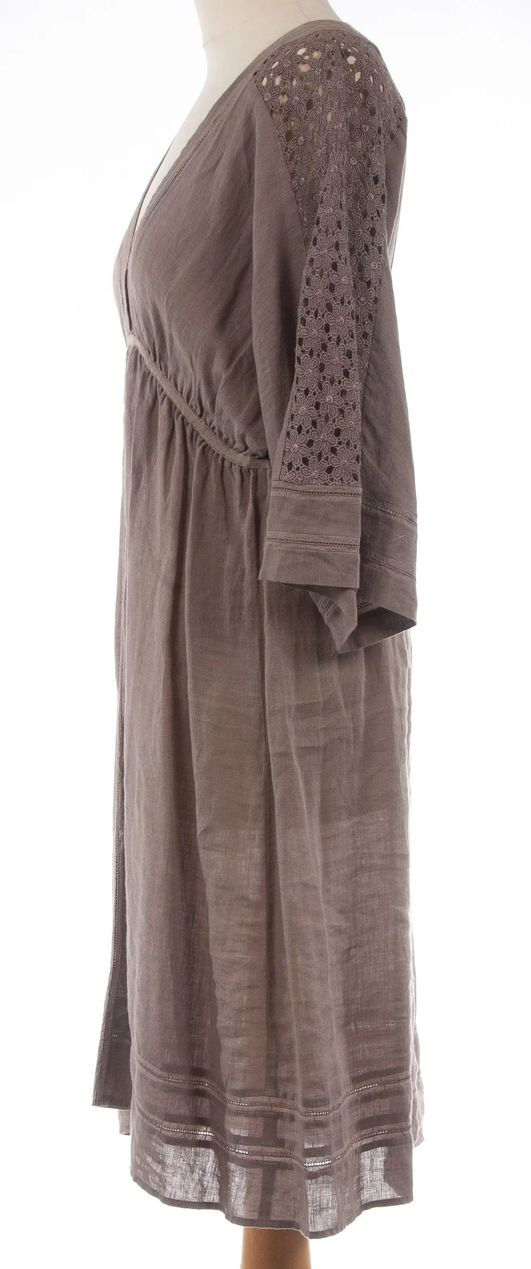 Jigsaw 100% Linen Dress with Lace Panels Stone Brown Colour Size M (UK 12)