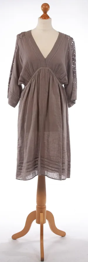 Jigsaw 100% Linen Dress with Lace Panels Stone Brown Colour Size M (UK 12)