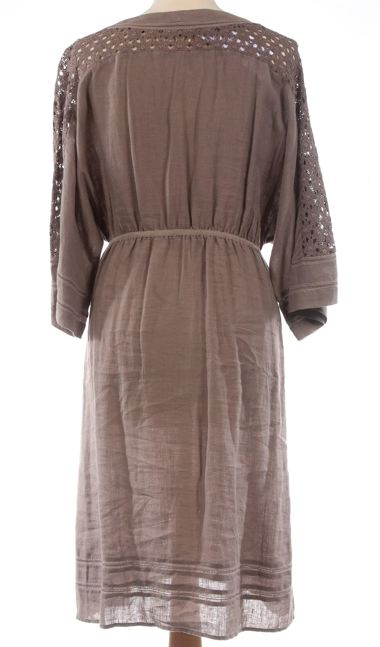 Jigsaw 100% Linen Dress with Lace Panels Stone Brown Colour Size M (UK 12)