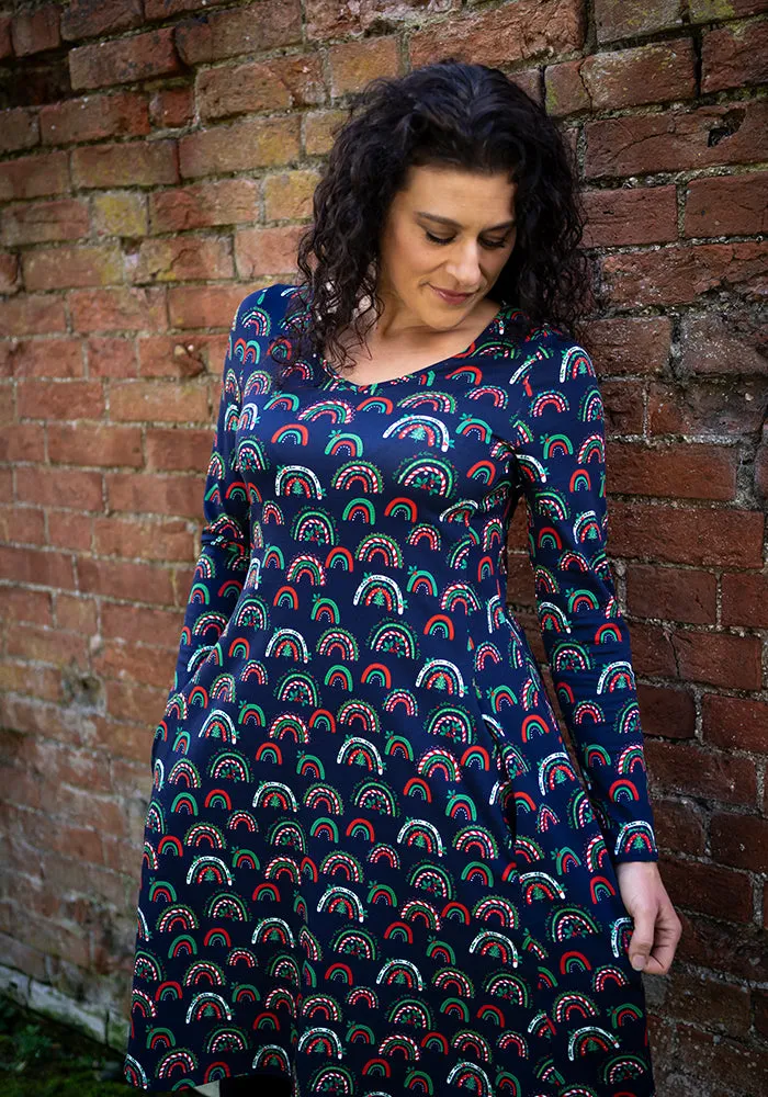 Jolly Candy Cane Rainbows Print Cotton Dress