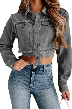 JYAOVO Women's Jean Jacket Long Sleeve Button Up Frayed Cropped Denim Jacket Irregular Hem Short Jacket