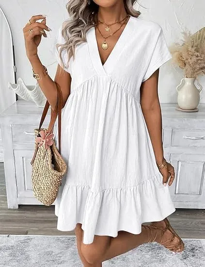 Kinghua Linen Dresses for Women Spring Summer A Line V Neck Short Sleeve Sundress Trendy Ruffle Flowy Beach Mini Dress