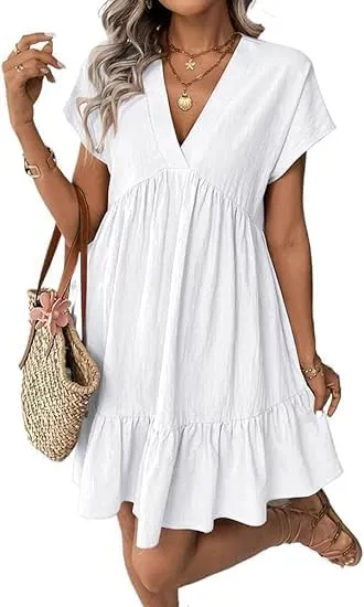 Kinghua Linen Dresses for Women Spring Summer A Line V Neck Short Sleeve Sundress Trendy Ruffle Flowy Beach Mini Dress