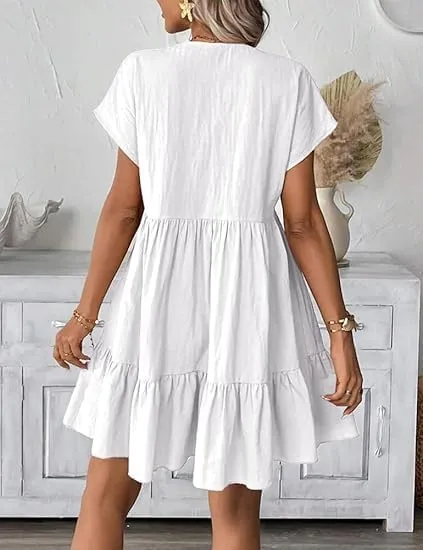 Kinghua Linen Dresses for Women Spring Summer A Line V Neck Short Sleeve Sundress Trendy Ruffle Flowy Beach Mini Dress