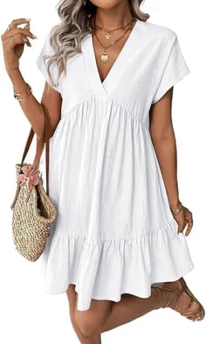 Kinghua Linen Dresses for Women Spring Summer A Line V Neck Short Sleeve Sundress Trendy Ruffle Flowy Beach Mini Dress