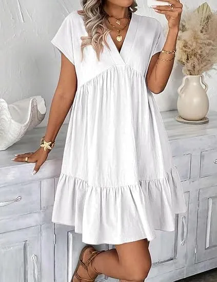 Kinghua Linen Dresses for Women Spring Summer A Line V Neck Short Sleeve Sundress Trendy Ruffle Flowy Beach Mini Dress