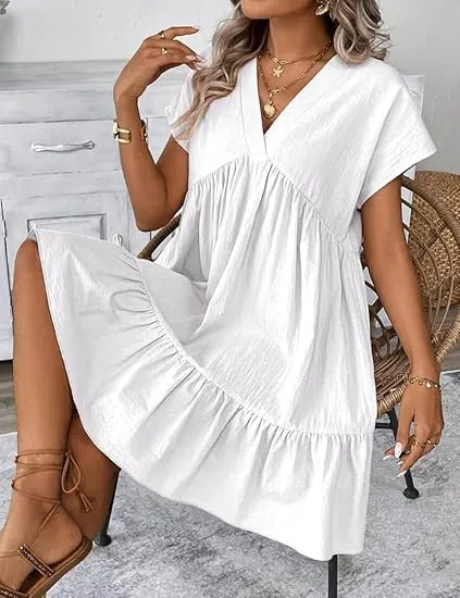 Kinghua Linen Dresses for Women Spring Summer A Line V Neck Short Sleeve Sundress Trendy Ruffle Flowy Beach Mini Dress
