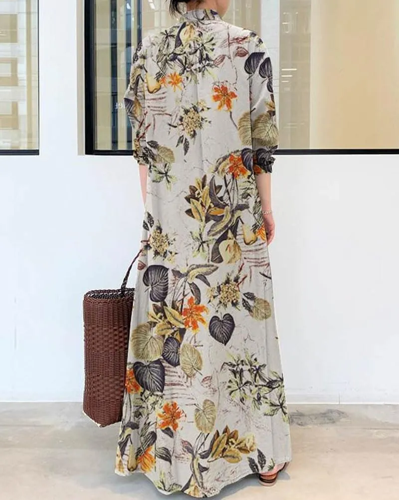 Ladyful Women's Floral Printed Cotton Linen Shirt Dress Button Down Llong Shirtdress Casual Beach Maxi Sundress