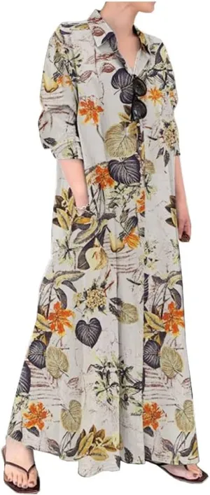 Ladyful Women's Floral Printed Cotton Linen Shirt Dress Button Down Llong Shirtdress Casual Beach Maxi Sundress