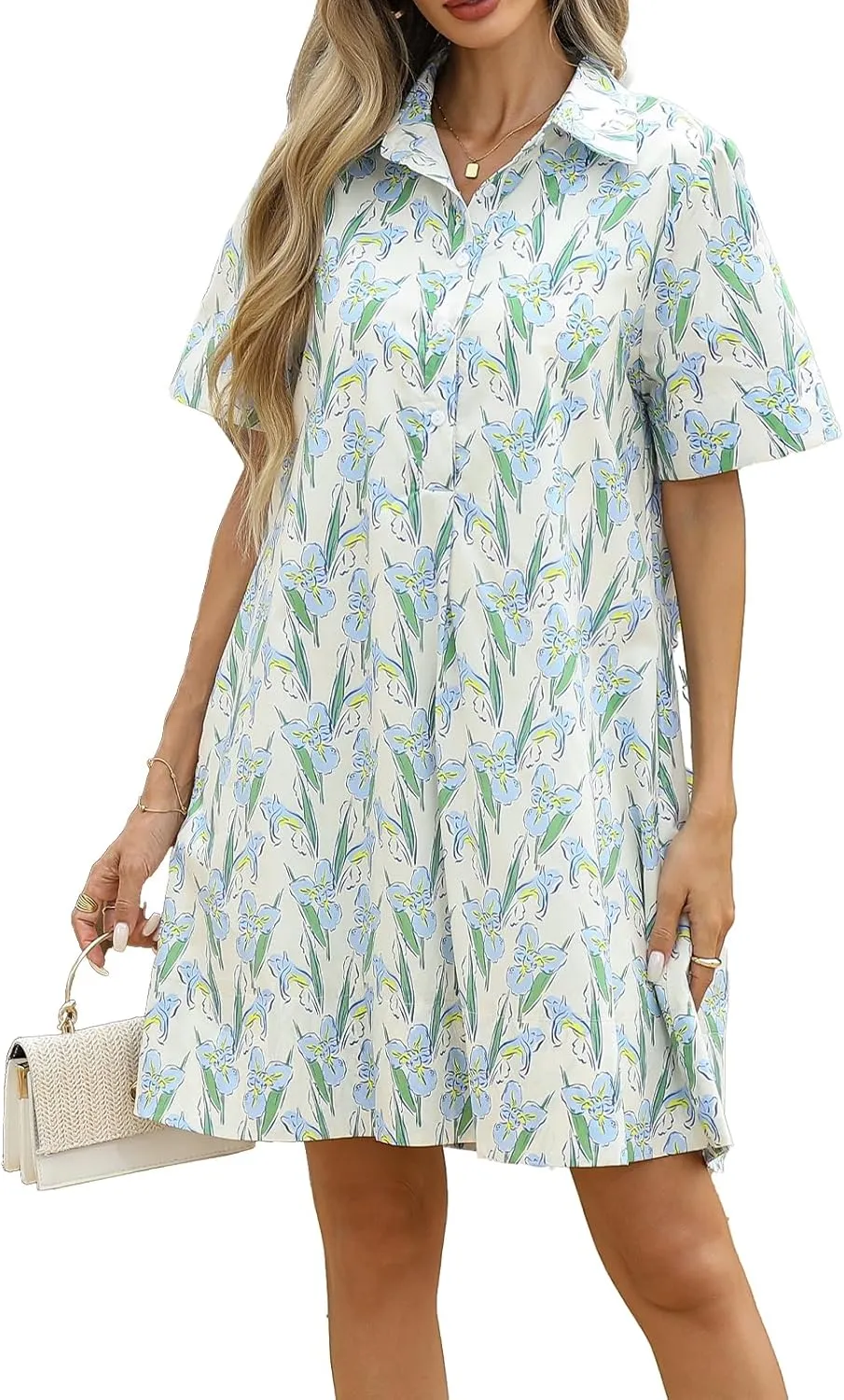 LifeShe Summer Floral Dress Womens Printed Casual Sundress Short Sleeve Button Up Shirt Dresses with Pockets