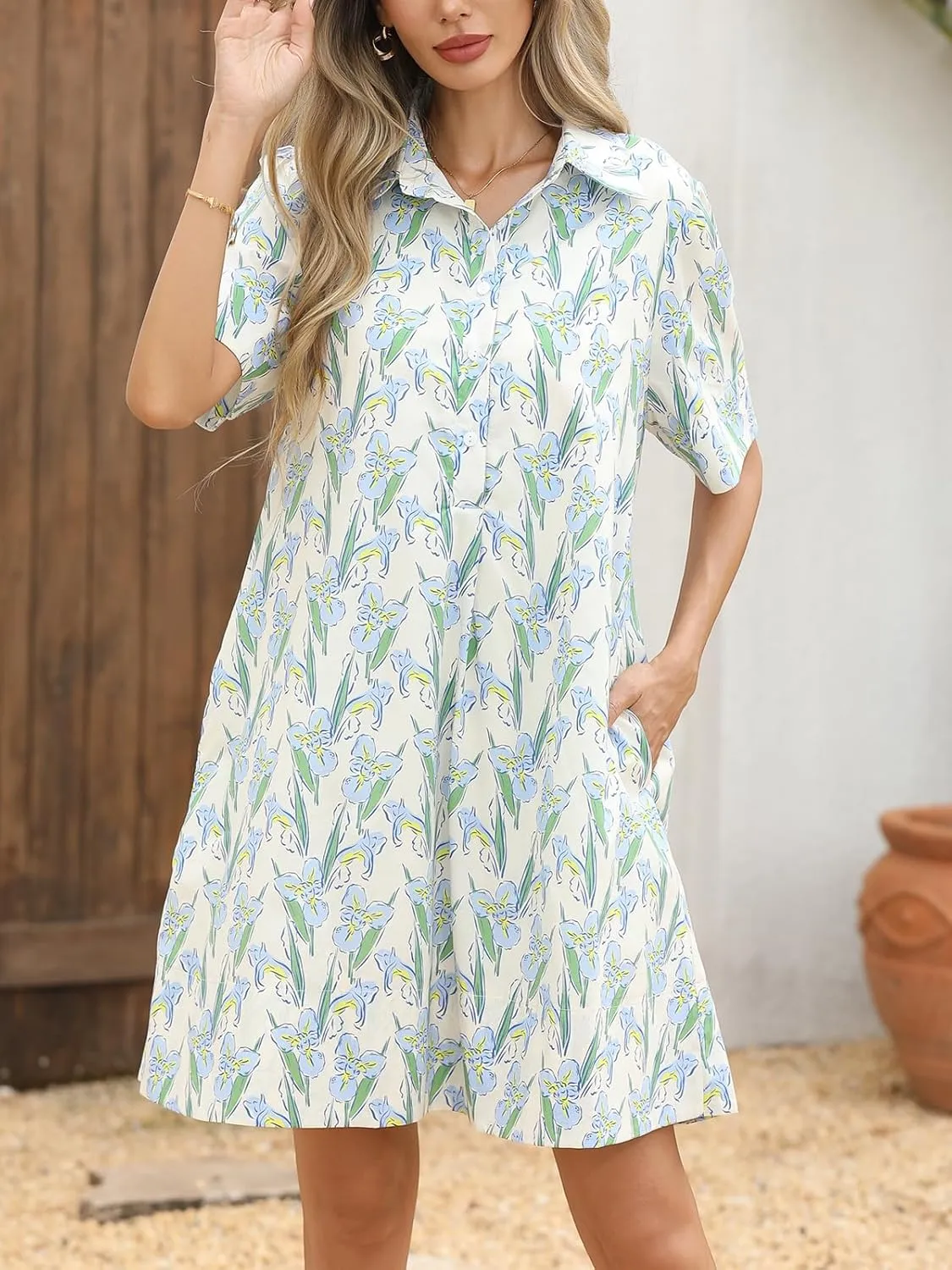 LifeShe Summer Floral Dress Womens Printed Casual Sundress Short Sleeve Button Up Shirt Dresses with Pockets