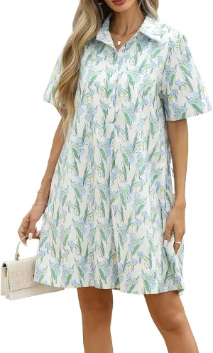 LifeShe Summer Floral Dress Womens Printed Casual Sundress Short Sleeve Button Up Shirt Dresses with Pockets