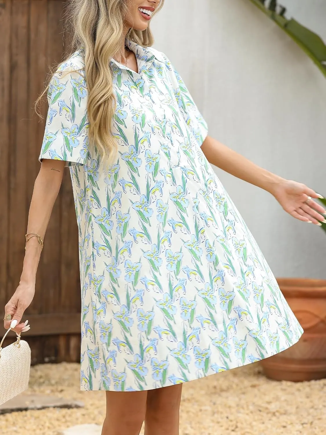 LifeShe Summer Floral Dress Womens Printed Casual Sundress Short Sleeve Button Up Shirt Dresses with Pockets