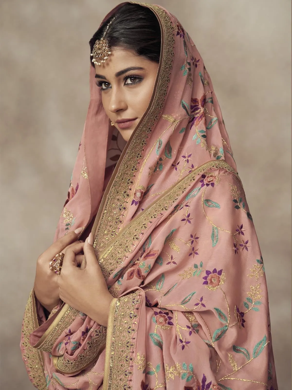 Light Pink Golden Embroidered Designer Silk Palazzo Suit