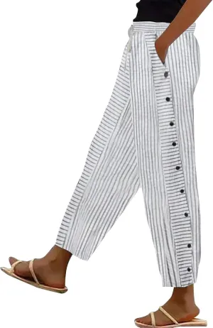 Linen Crop Pants for Women Elastic Waistband High Waistband Pocket Pants Side Nine Point Loose Casual