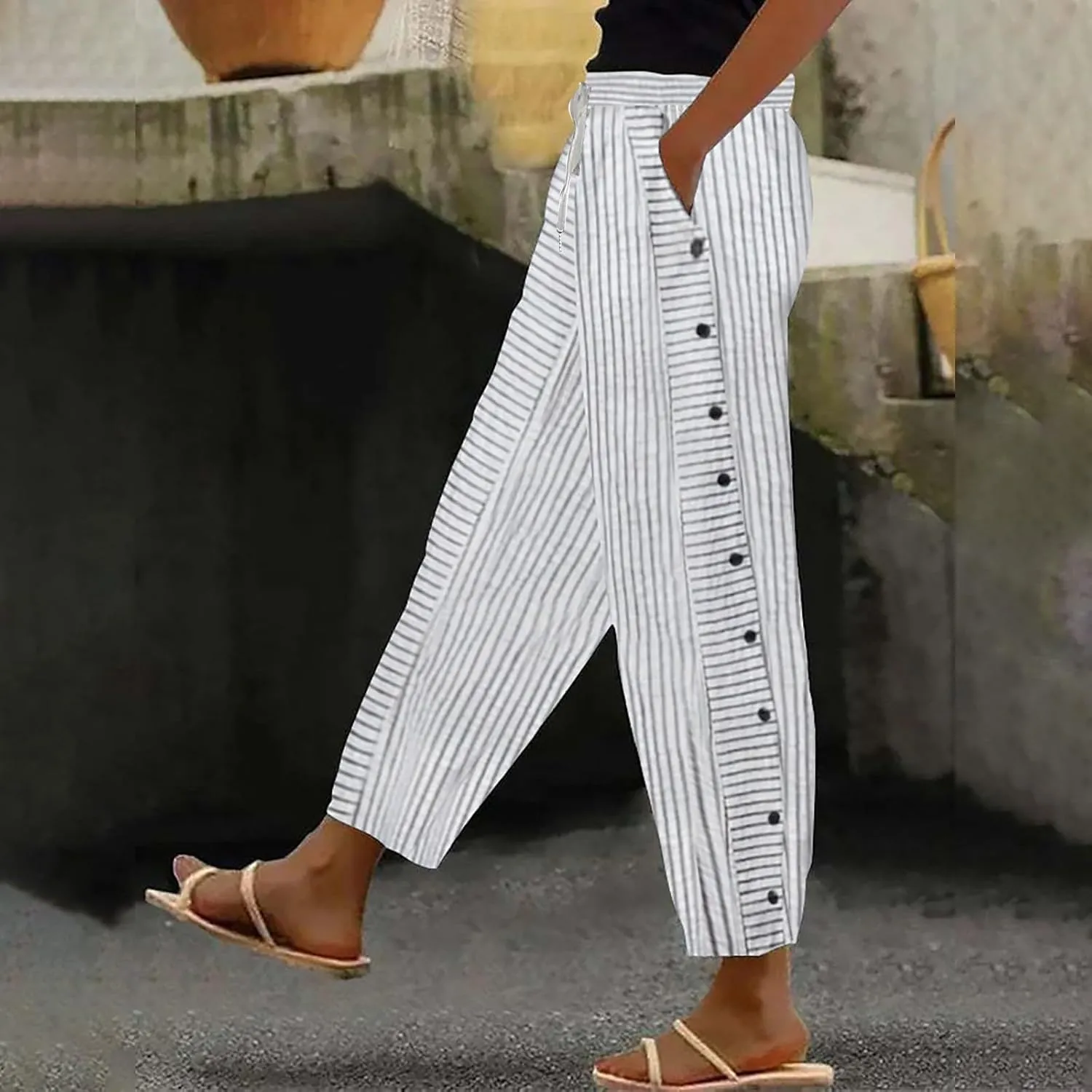 Linen Crop Pants for Women Elastic Waistband High Waistband Pocket Pants Side Nine Point Loose Casual
