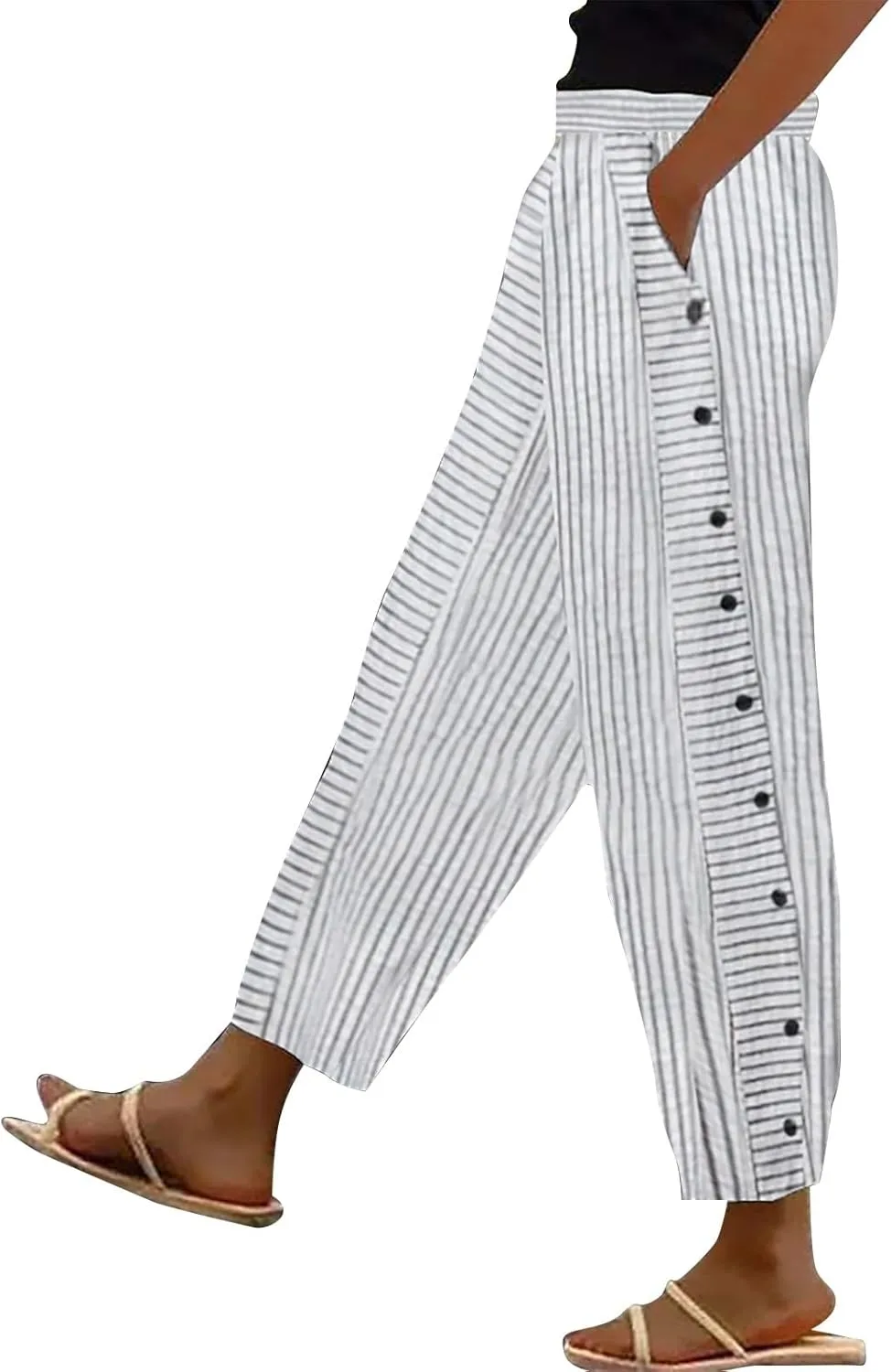 Linen Crop Pants for Women Elastic Waistband High Waistband Pocket Pants Side Nine Point Loose Casual