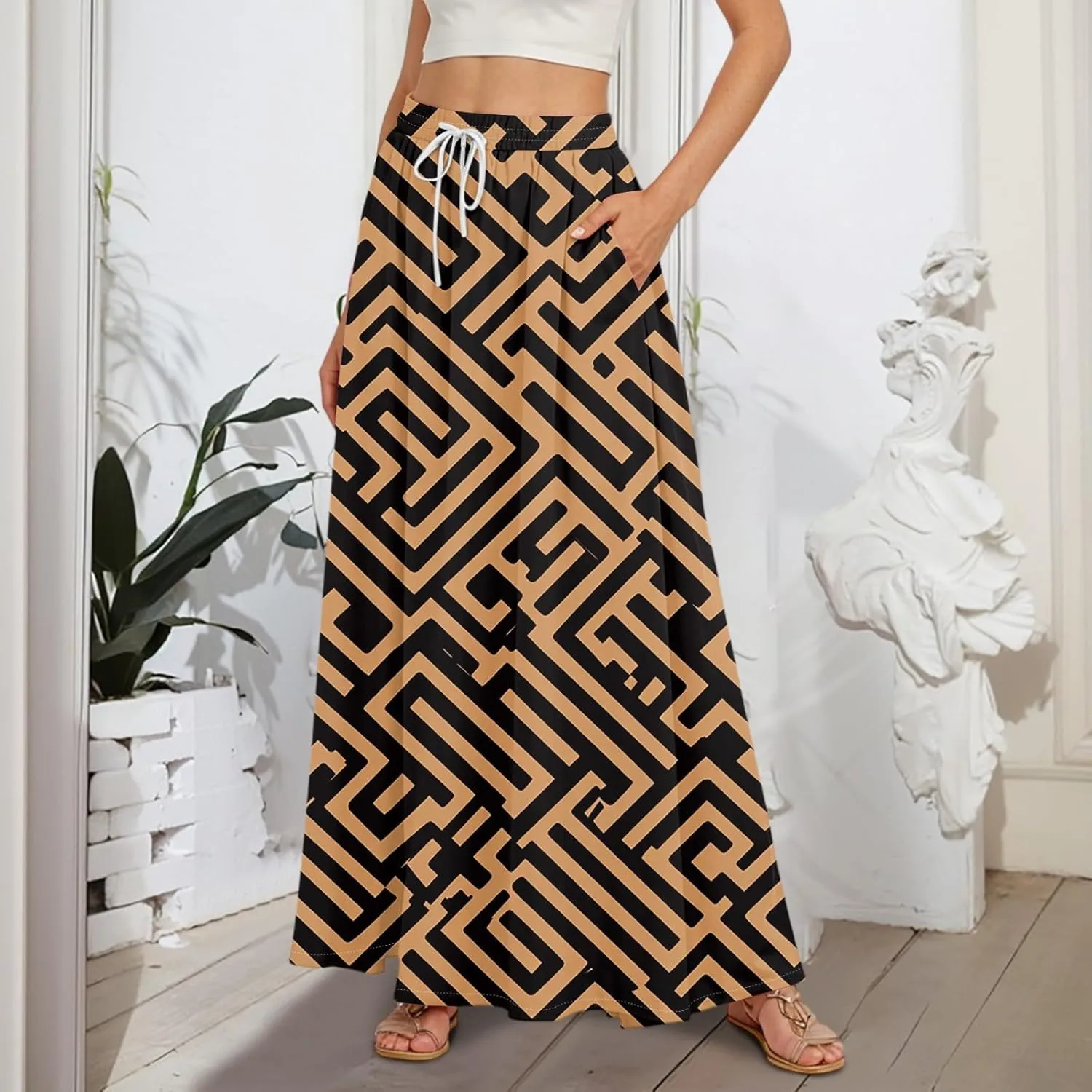 Long Skirts for Women Summer Maxi Skirt Drawstring High Waisted Ruffle A Line Skirt Flowy Beach Skirts with Pockets