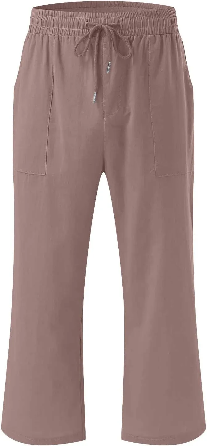 LRMQS Capri Pants for Women Casual Summer 2024 Drawstring Capris Linen Pants Pockets Beach Straight Wide Leg Cropped Trousers