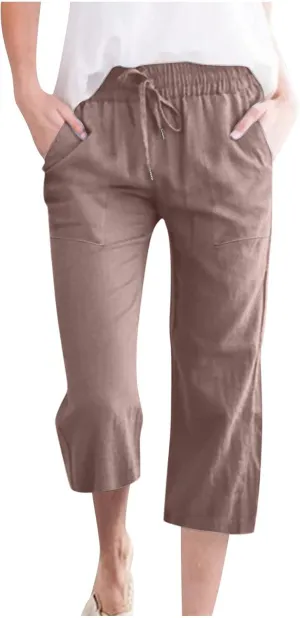 LRMQS Capri Pants for Women Casual Summer 2024 Drawstring Capris Linen Pants Pockets Beach Straight Wide Leg Cropped Trousers
