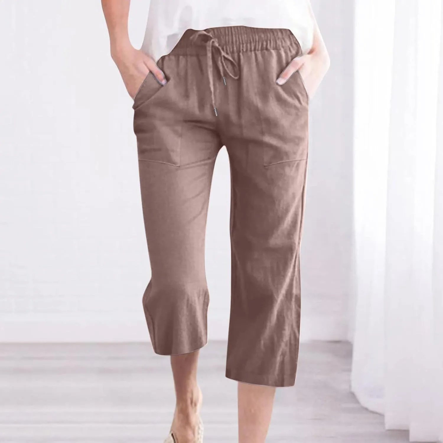 LRMQS Capri Pants for Women Casual Summer 2024 Drawstring Capris Linen Pants Pockets Beach Straight Wide Leg Cropped Trousers