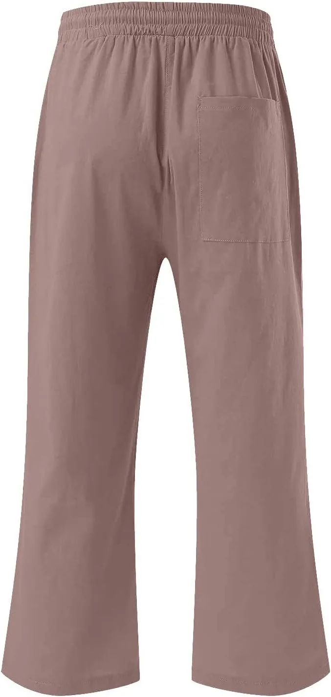 LRMQS Capri Pants for Women Casual Summer 2024 Drawstring Capris Linen Pants Pockets Beach Straight Wide Leg Cropped Trousers