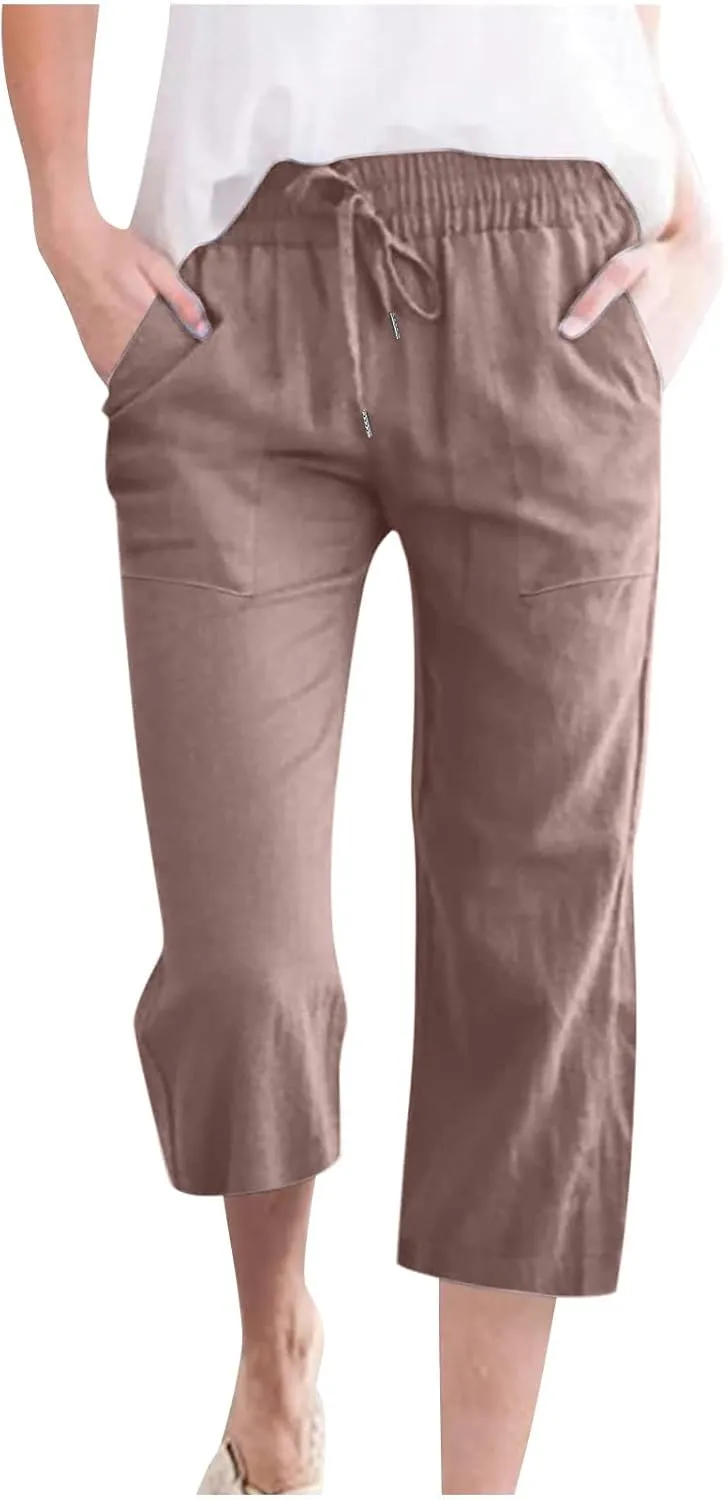 LRMQS Capri Pants for Women Casual Summer 2024 Drawstring Capris Linen Pants Pockets Beach Straight Wide Leg Cropped Trousers
