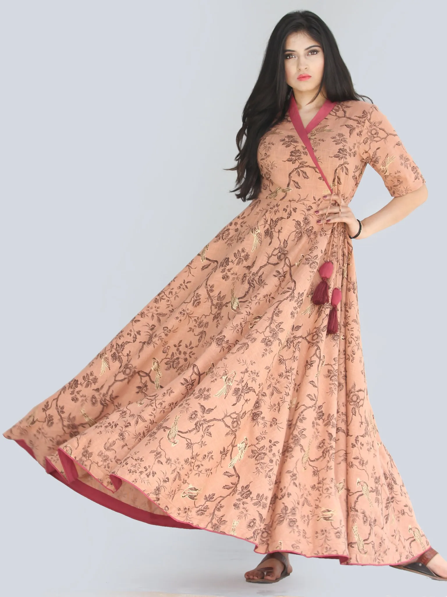 Maheen - Dark Peach Block Printed Urave Cut Long Angrakha Dress - D406F2239