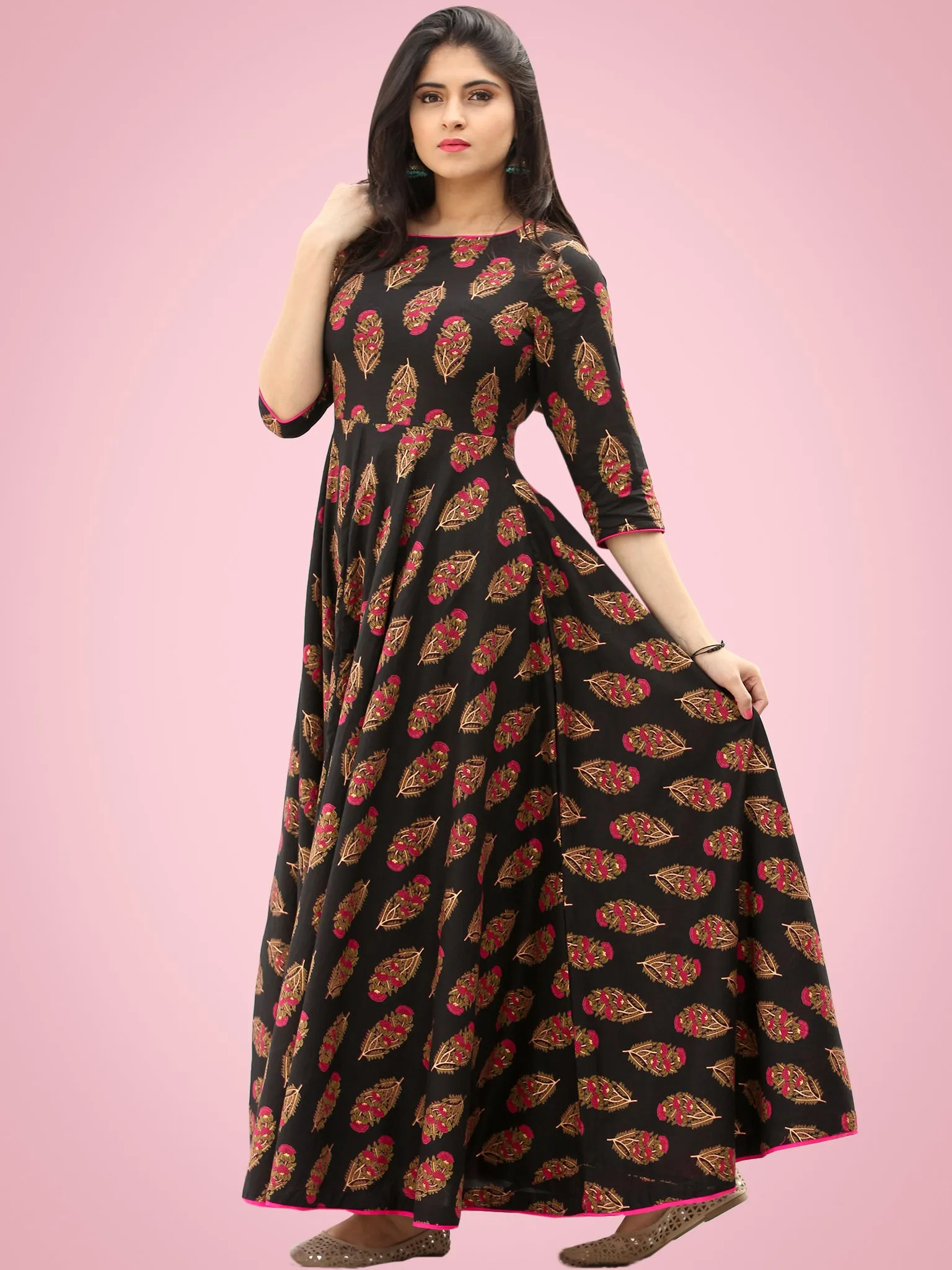 Mahek - Black Pink Block Printed Urave Cut Long Dress With Tie Up Deep Back - D395FXXXX