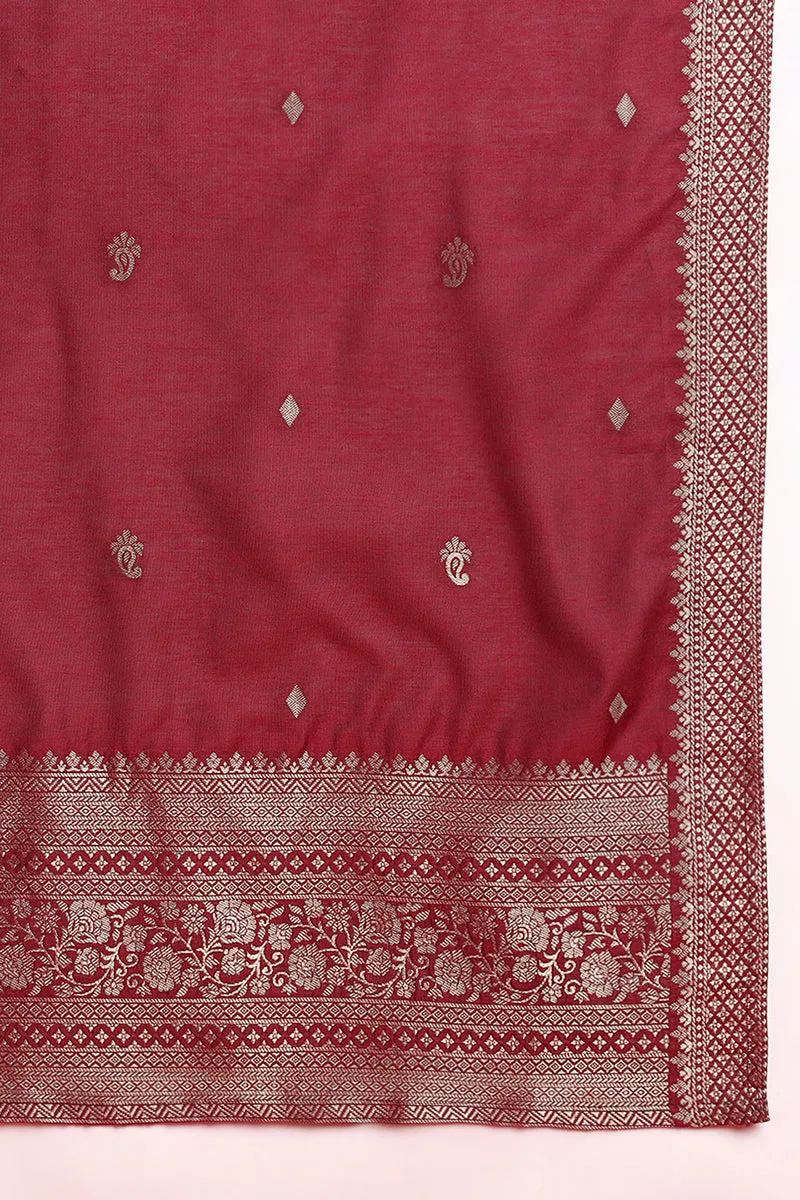 Maroon Silk Blend Ethnic Motifs Woven Design Straight Suit Set