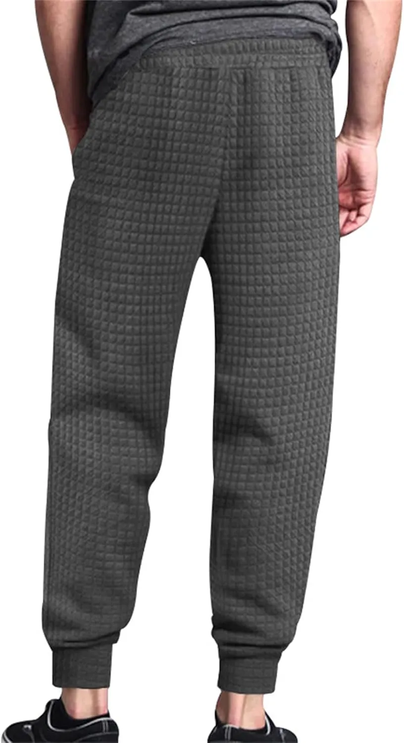 Mens Baggy Waffle Knitted Elastic Waist Drawstring Loose Comfortable Jogger Workout Athletic Lounge Trousers Pants