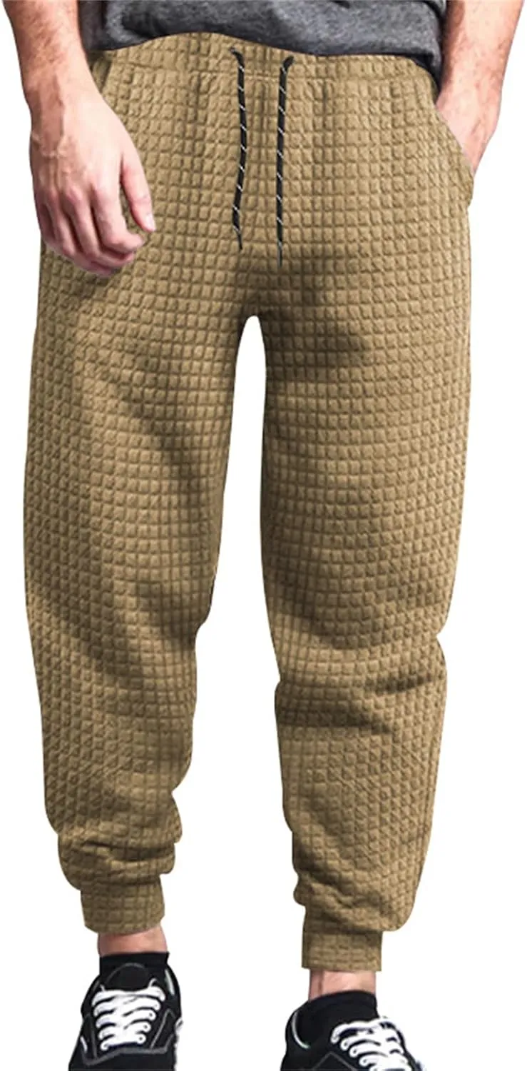 Mens Baggy Waffle Knitted Elastic Waist Drawstring Loose Comfortable Jogger Workout Athletic Lounge Trousers Pants