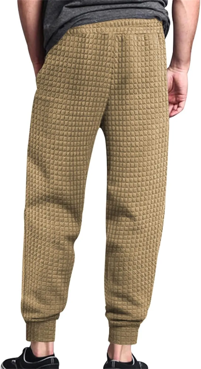 Mens Baggy Waffle Knitted Elastic Waist Drawstring Loose Comfortable Jogger Workout Athletic Lounge Trousers Pants