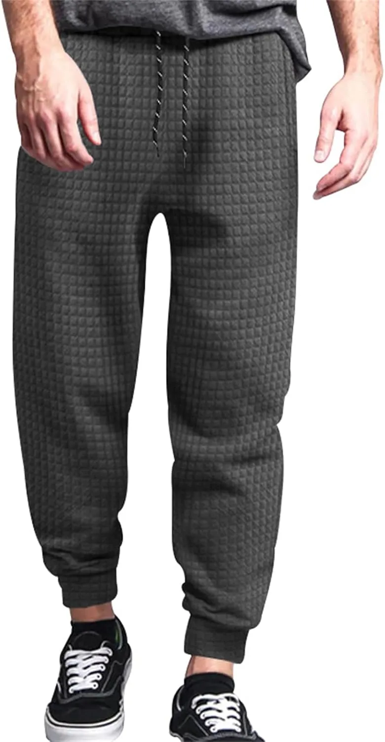 Mens Baggy Waffle Knitted Elastic Waist Drawstring Loose Comfortable Jogger Workout Athletic Lounge Trousers Pants