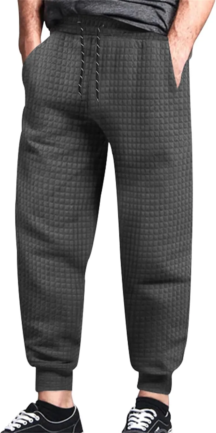 Mens Baggy Waffle Knitted Elastic Waist Drawstring Loose Comfortable Jogger Workout Athletic Lounge Trousers Pants