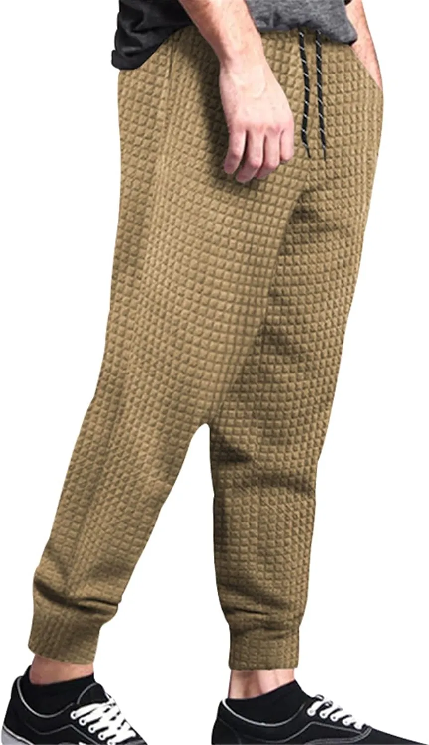 Mens Baggy Waffle Knitted Elastic Waist Drawstring Loose Comfortable Jogger Workout Athletic Lounge Trousers Pants