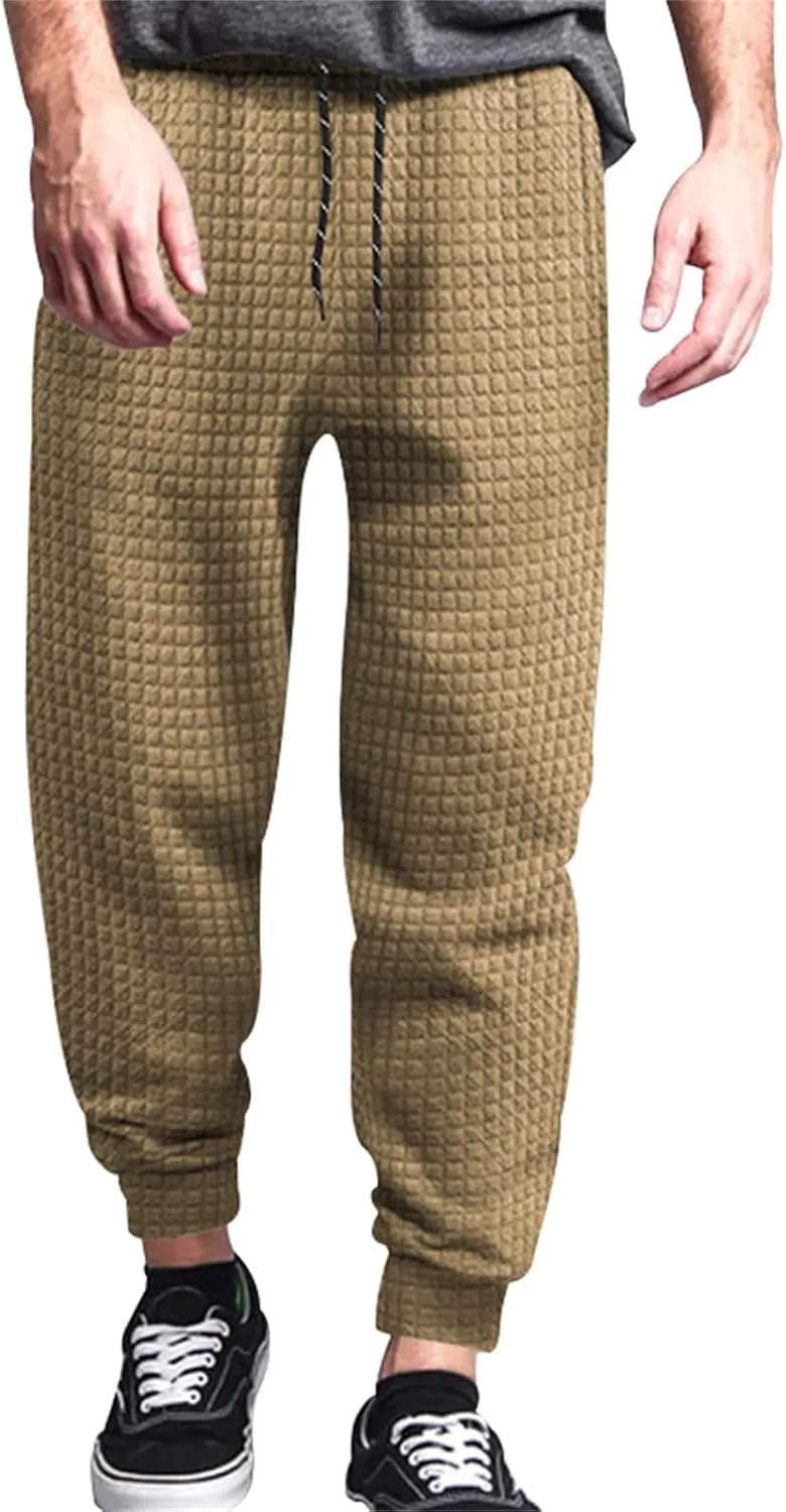 Mens Baggy Waffle Knitted Elastic Waist Drawstring Loose Comfortable Jogger Workout Athletic Lounge Trousers Pants