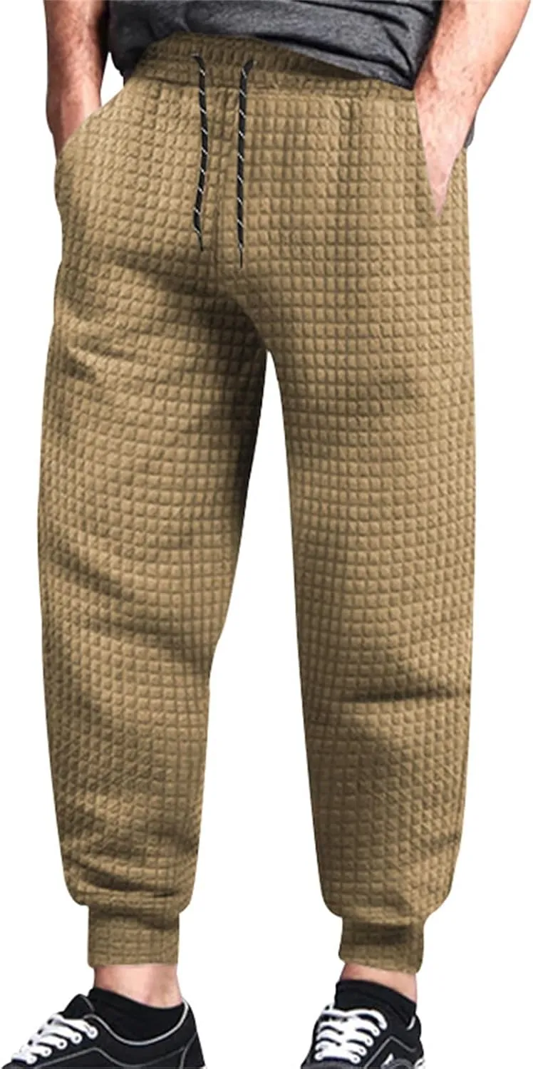 Mens Baggy Waffle Knitted Elastic Waist Drawstring Loose Comfortable Jogger Workout Athletic Lounge Trousers Pants