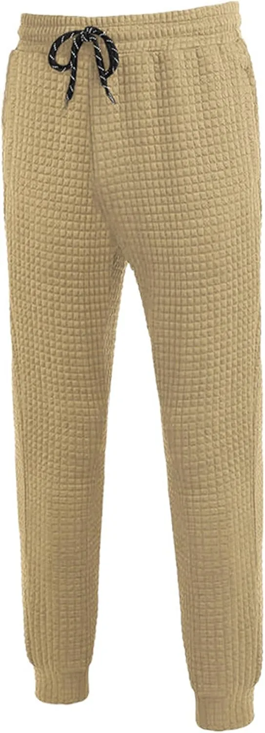 Mens Baggy Waffle Knitted Elastic Waist Drawstring Loose Comfortable Jogger Workout Athletic Lounge Trousers Pants