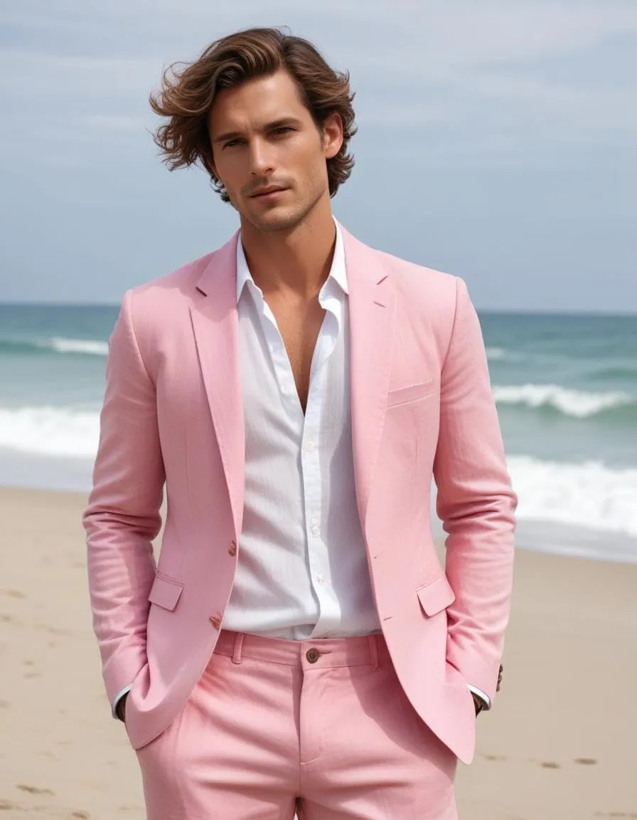 Men's Linen 2 Piece Suit Summer Beach Linen Blazer and Pant 2 pc Set