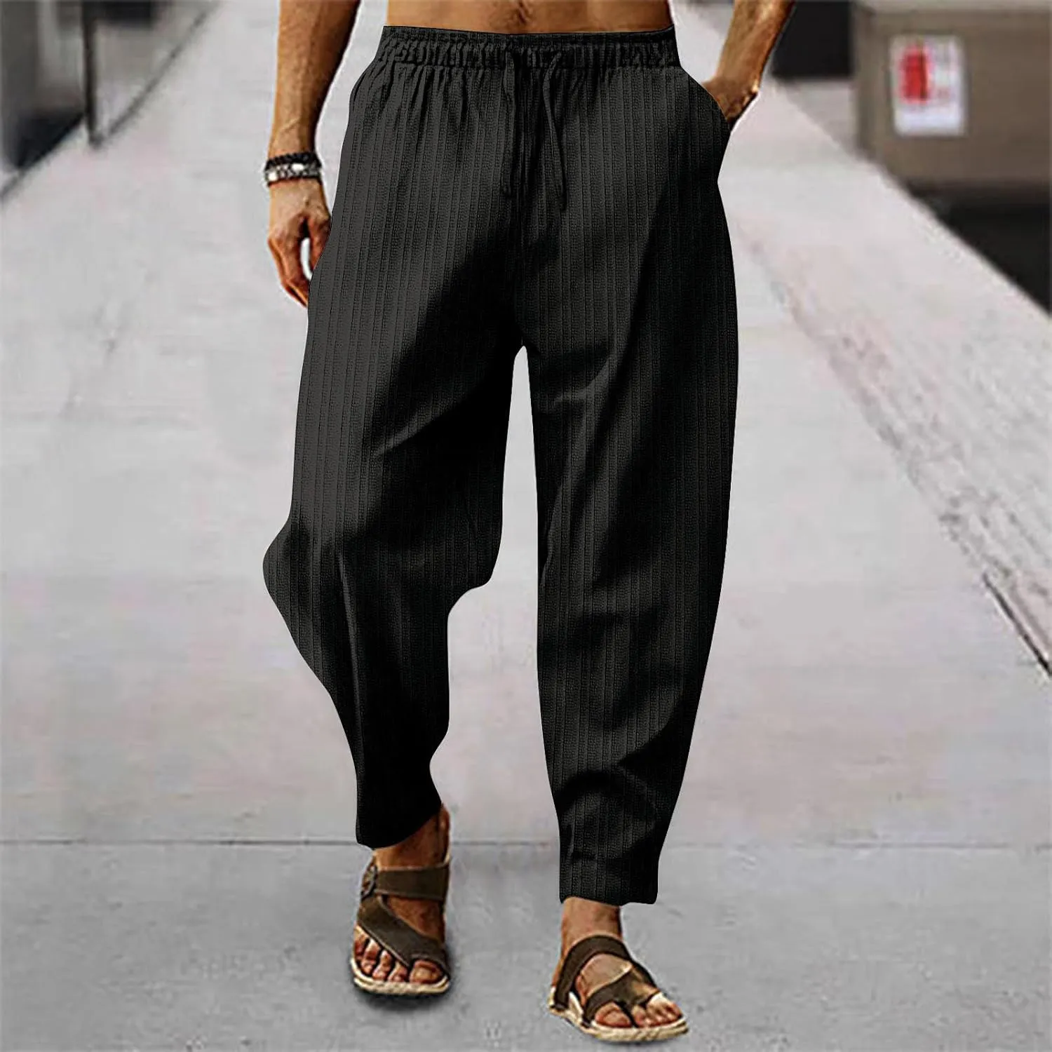 Mens Linen Harem Pants Lightweight Drawstring Elastic Waist Yoga Bagge Pants Loose Fit Summer Beach Pants for Men