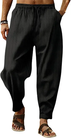 Mens Linen Harem Pants Lightweight Drawstring Elastic Waist Yoga Bagge Pants Loose Fit Summer Beach Pants for Men