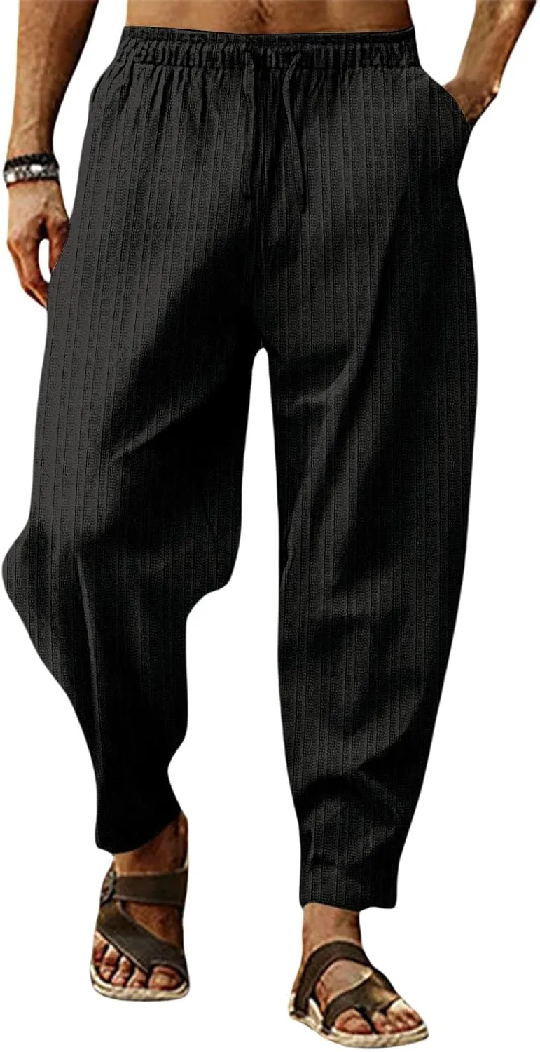 Mens Linen Harem Pants Lightweight Drawstring Elastic Waist Yoga Bagge Pants Loose Fit Summer Beach Pants for Men