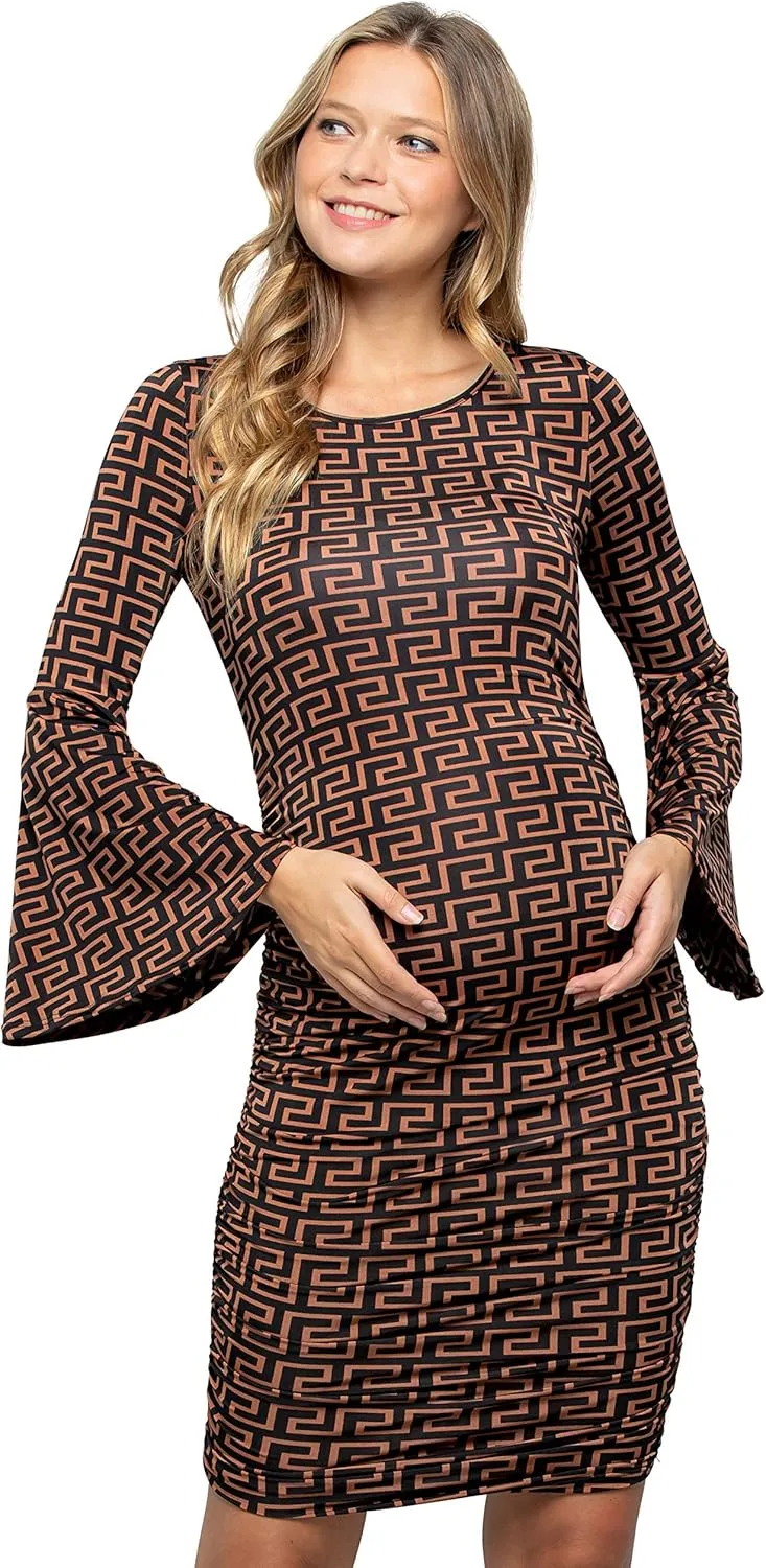 My Bump Women's Maternity Dress - Printed Fitted Stretch Bell Sleeve W/Ruched