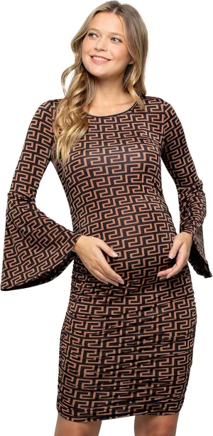 My Bump Women's Maternity Dress - Printed Fitted Stretch Bell Sleeve W/Ruched