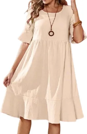 Mywinway Linen Dresses for Women Spring Summer Short Sleeve Swing Cotton Linne Beach Casual Loose Dress