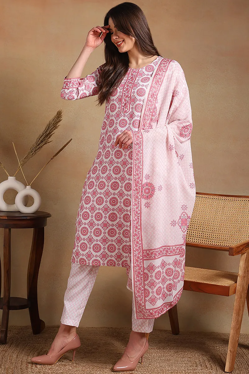 Off White Rayon Blend Printed Straight Suit Set